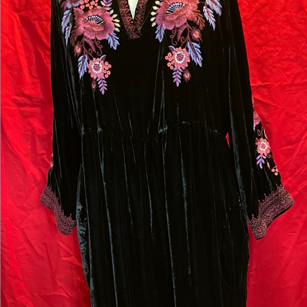 Johnny Was Black Velvet Dress with Pink and Purple Floral Embroidery - Picture 9 of 12